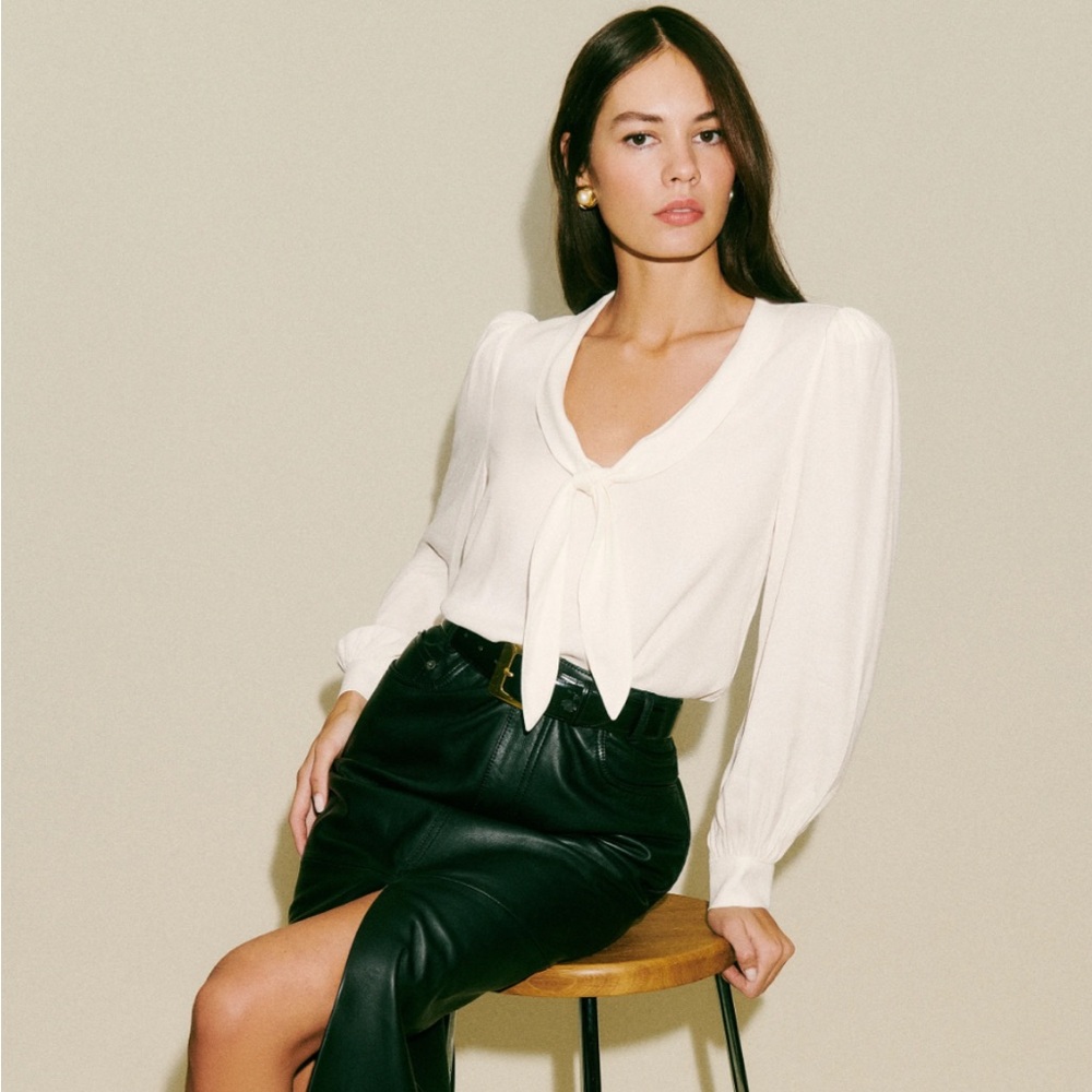 Reformation Anaya Top Cream Blouse with Tie Detail